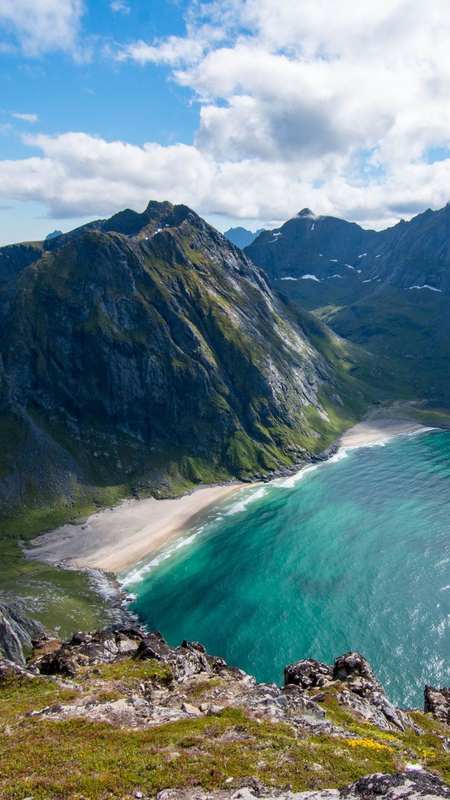 Kvalvika Beach + Ryten, Northern Norway — Mountain peak in Lofoten offering views of Kvalvika Beach and surrounding fjords.